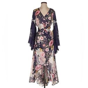 Aratta Silent Journey Wrap Kimono Crocheted Bell Sleeve Purple Floral Dress Sz S